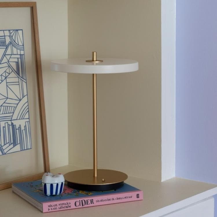 Bezprzewodowa lampa stołowa LED ze ściemniaczem i wtyczką USB Stal/PMMA Wys.30,6cm + ładowarka indukcyjna ASTERIA MOVE perlowy